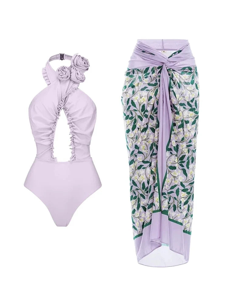 3D Floral Halter Backless Swimsuit Set