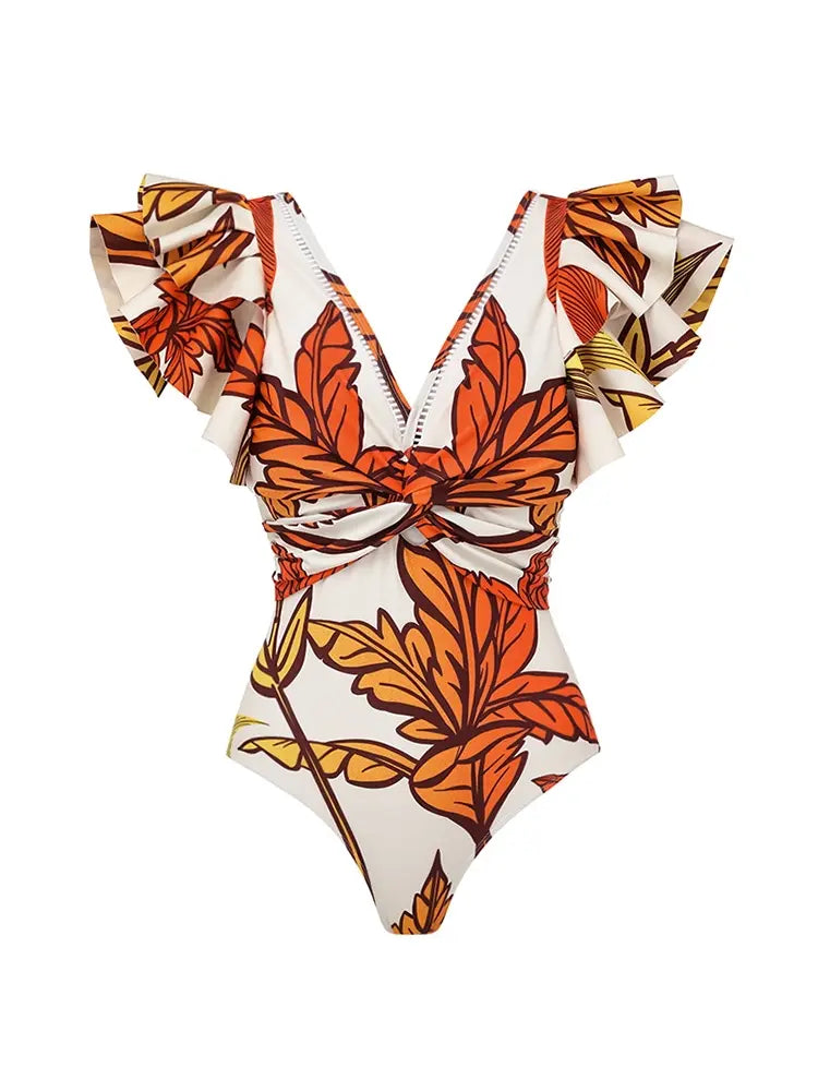 Maple Print Swimsuit Set Trio