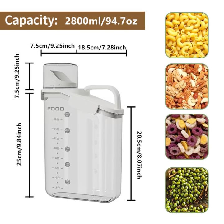 Airtight plastic food storage containers with measuring cup lid, kitchen canisters for rice, grains, beans, and cereals