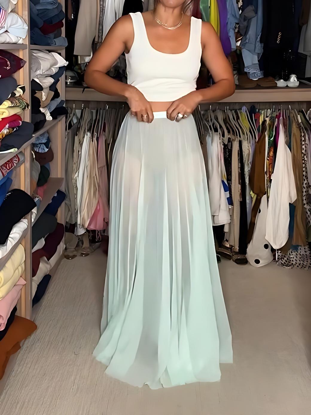 Mint Green Sweater with Cocktail Pattern & Sheer Tulle Maxi Skirt Outfit