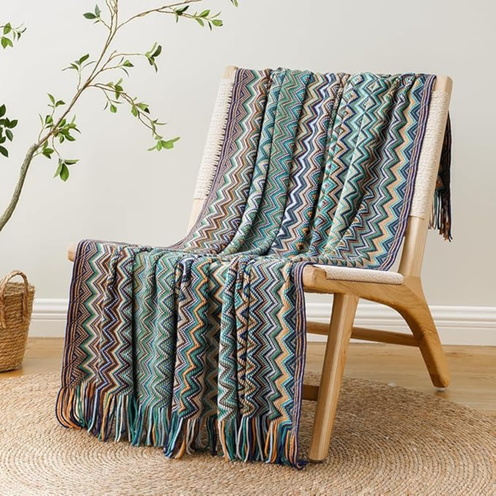 Multicolor Zigzag Tasseled Knit Throw