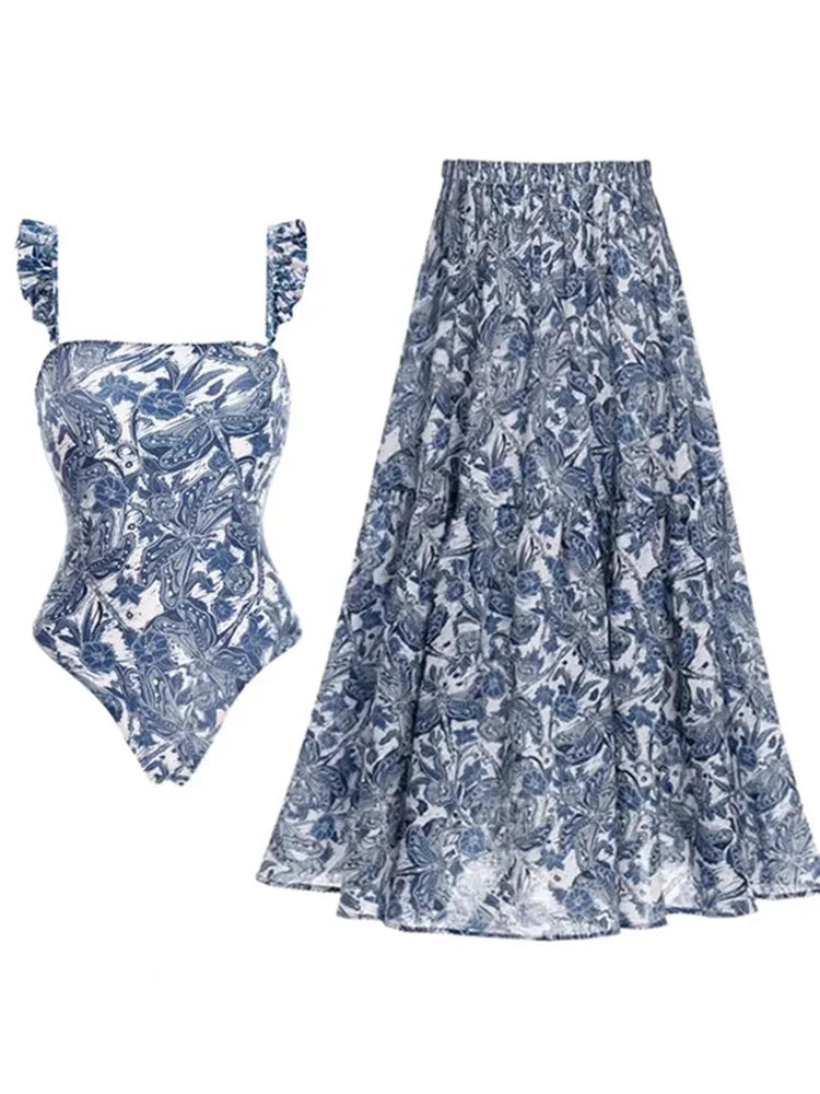 Blue Dragonfly Ruffle Skirt Swimsuit Set