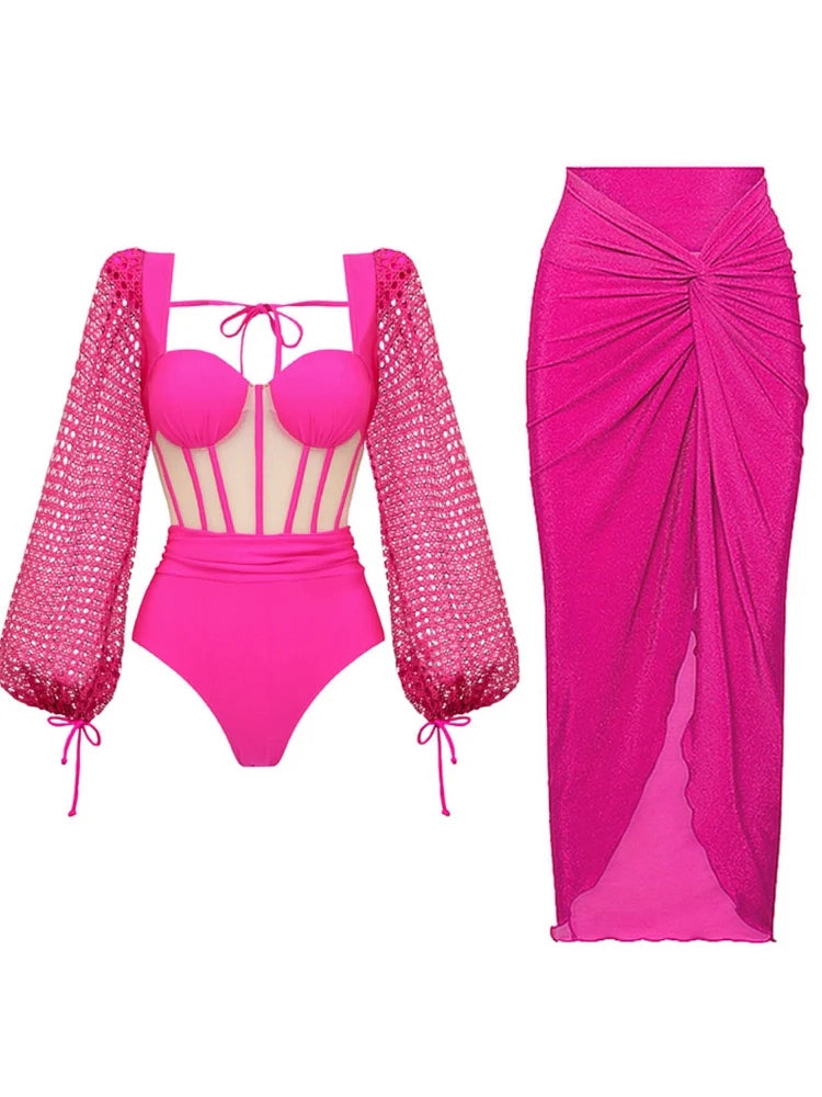 Fluorescent Pink Backless Swimsuit Set