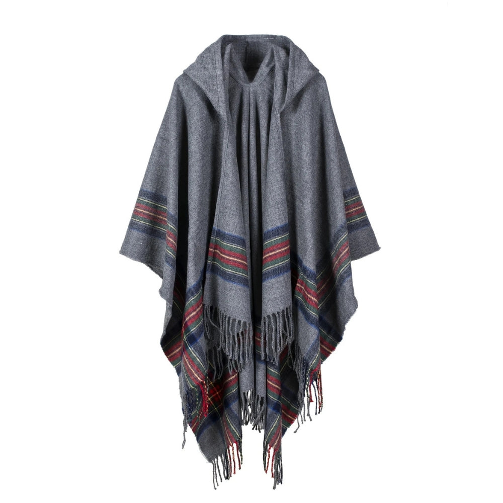 Acrylic Hooded Striped Poncho Shawl