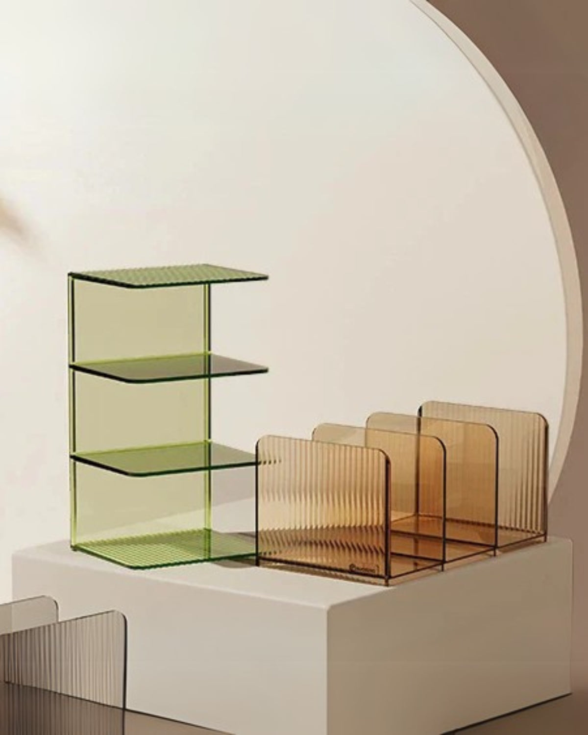 Acrylic shelf – Elegant design – Warm amber, serene green, or sleek smoke gray – Modern wall organizer