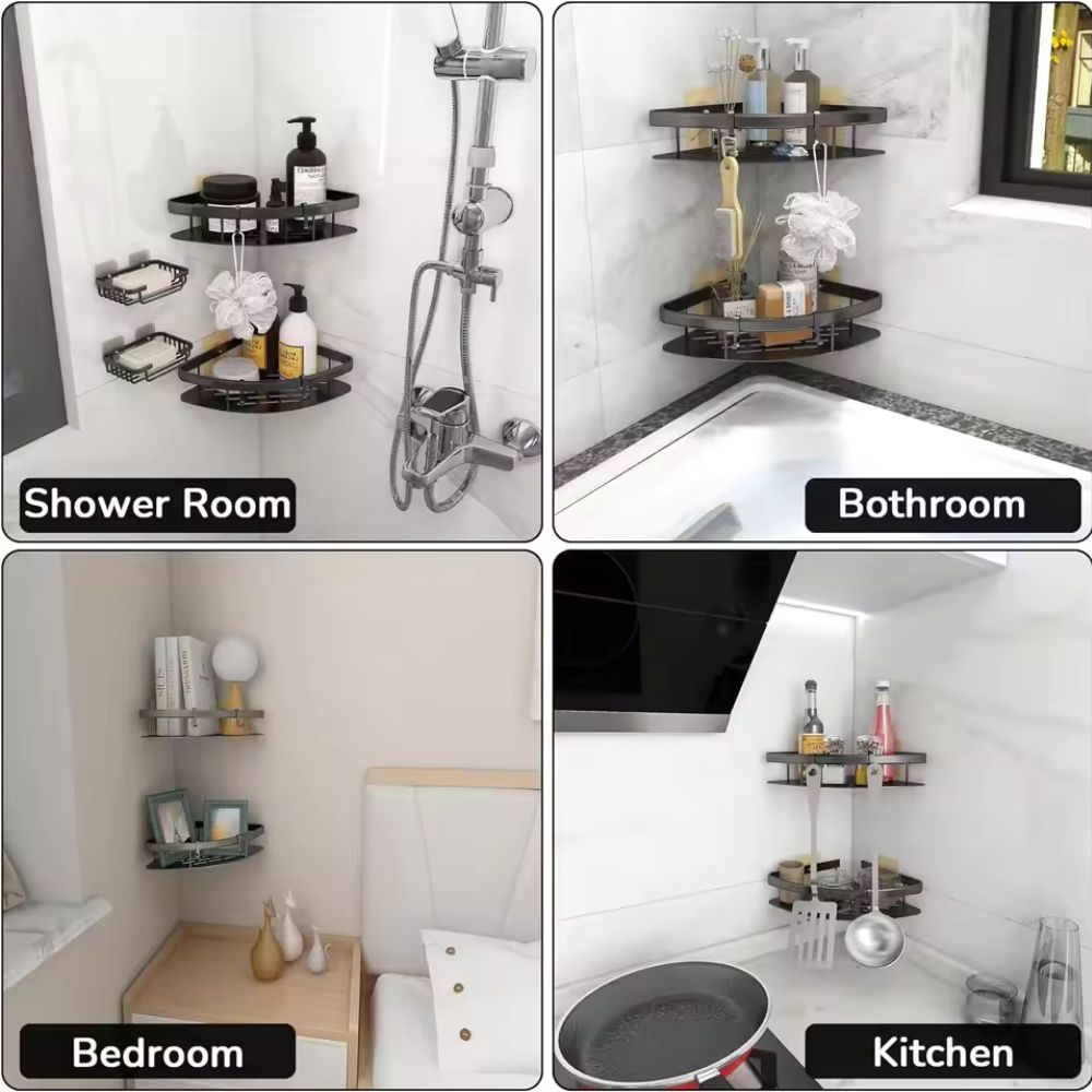Black wall-mounted corner shower caddy with two tiers, bathroom storage rack for toiletries and accessories