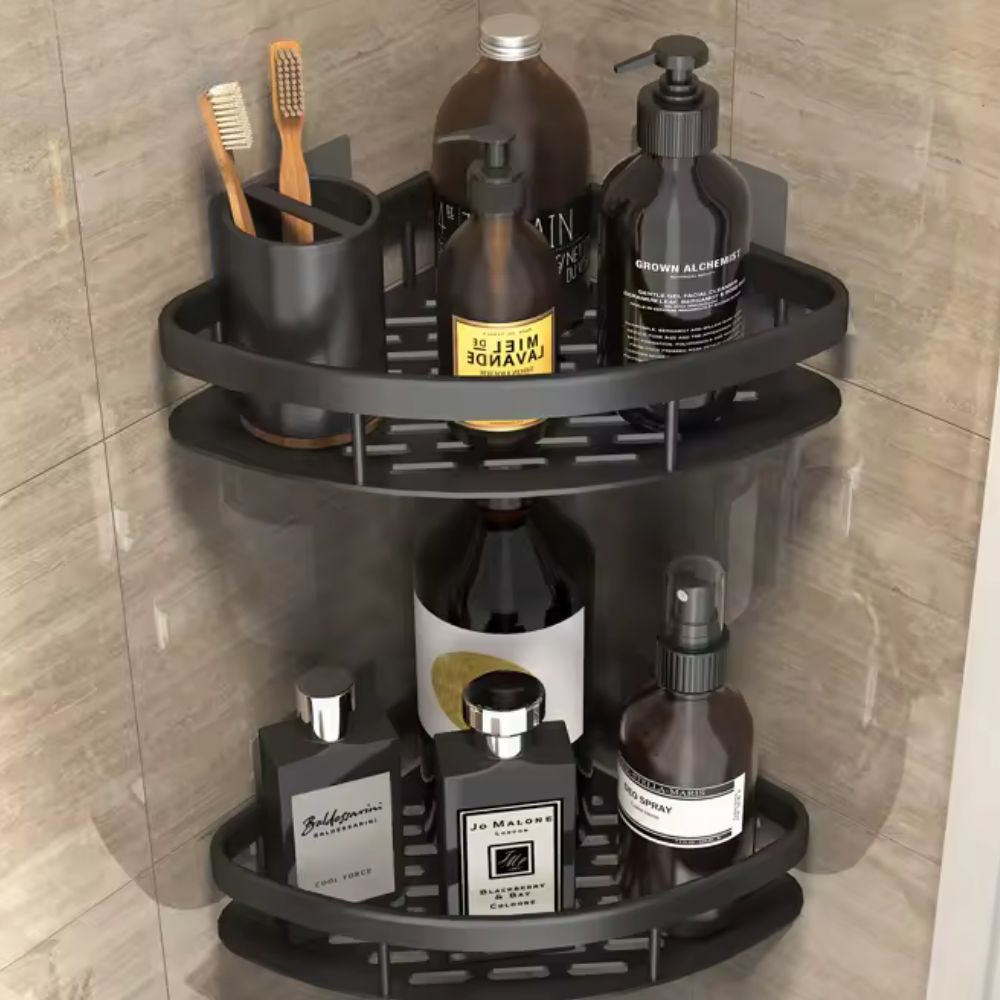 Black wall-mounted corner shower caddy with two tiers, bathroom storage rack for toiletries and accessories