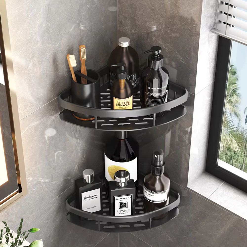Black wall-mounted corner shower caddy with two tiers, bathroom storage rack for toiletries and accessories