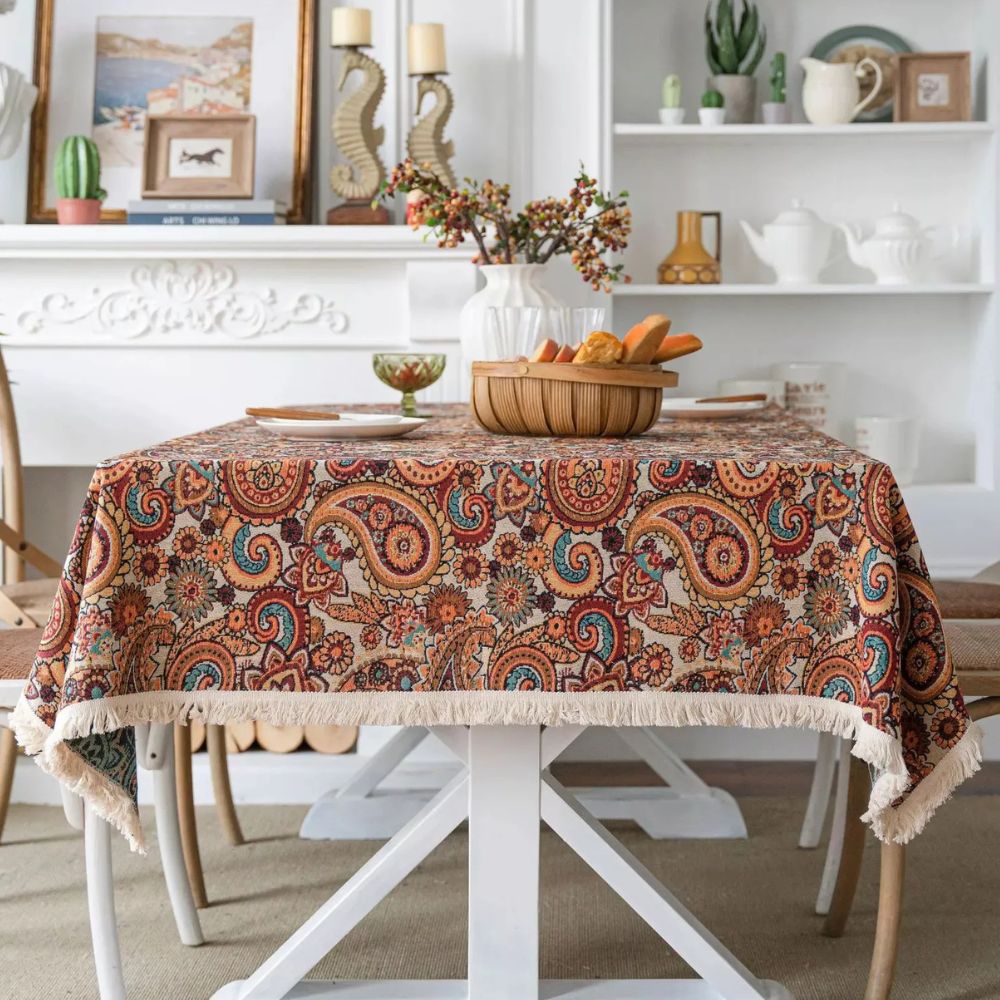 Amber Paisley Tassel Tablecloth, Microfiber Blend, Intricate Design, 60 x 84 Inches, Machine Washable, Bohemian Style