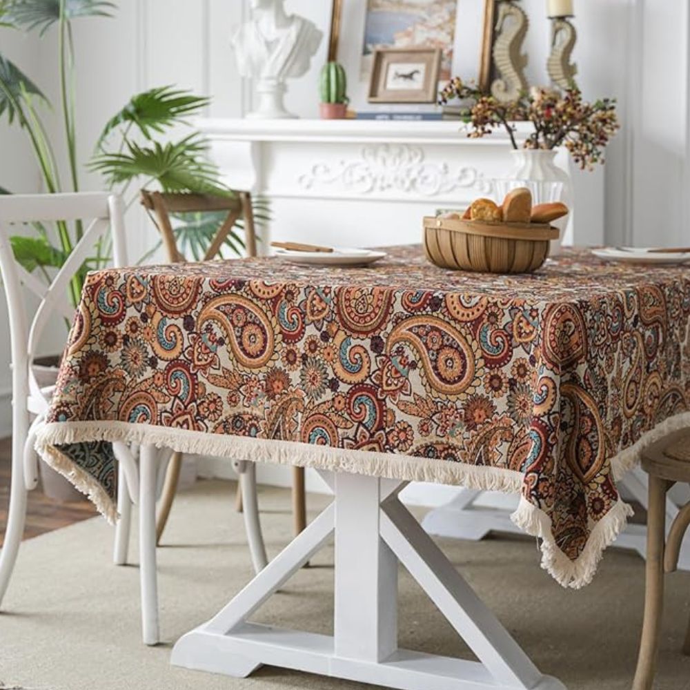 Amber Paisley Tassel Tablecloth, Microfiber Blend, Intricate Design, 60 x 84 Inches, Machine Washable, Bohemian Style