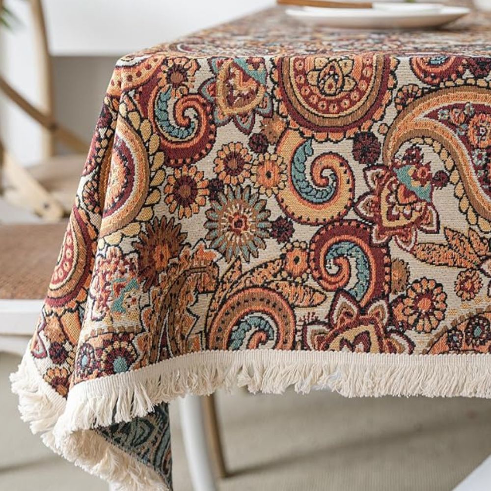 Amber Paisley Tassel Tablecloth, Microfiber Blend, Intricate Design, 60 x 84 Inches, Machine Washable, Bohemian Style
