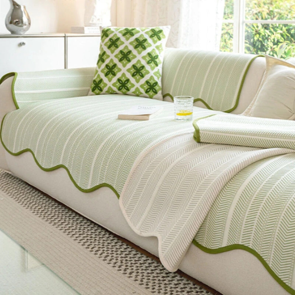 Green and white striped sofa cover with scalloped edges, modern couch protector and decorative throw blanket for living room