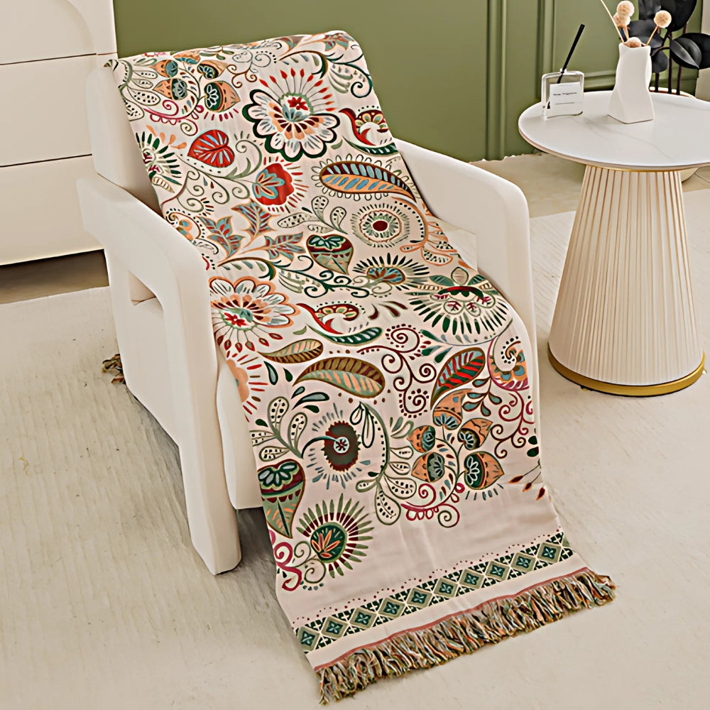 Bohemian floral quilt blanket with green border and fringe, colorful embroidered bedspread for bedroom decor