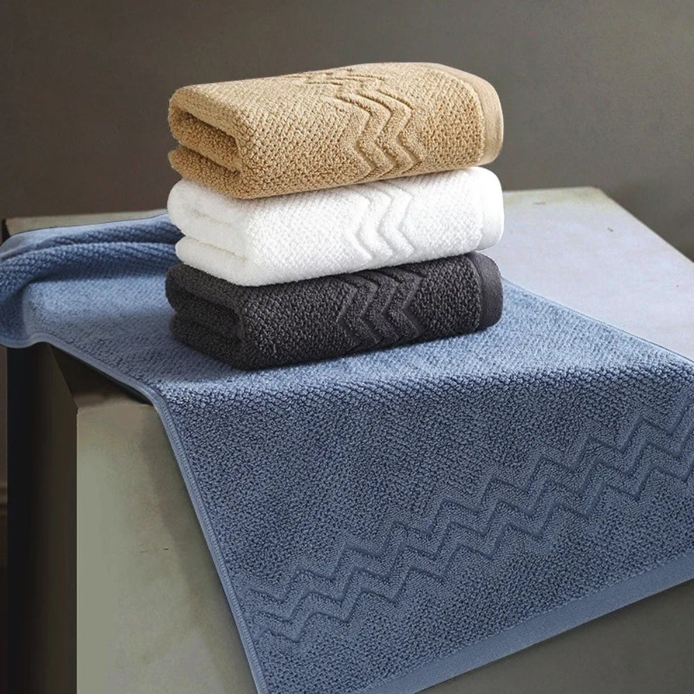 Blue cotton bath towel set, soft and absorbent bathroom towels with textured chevron design, luxury hotel quality