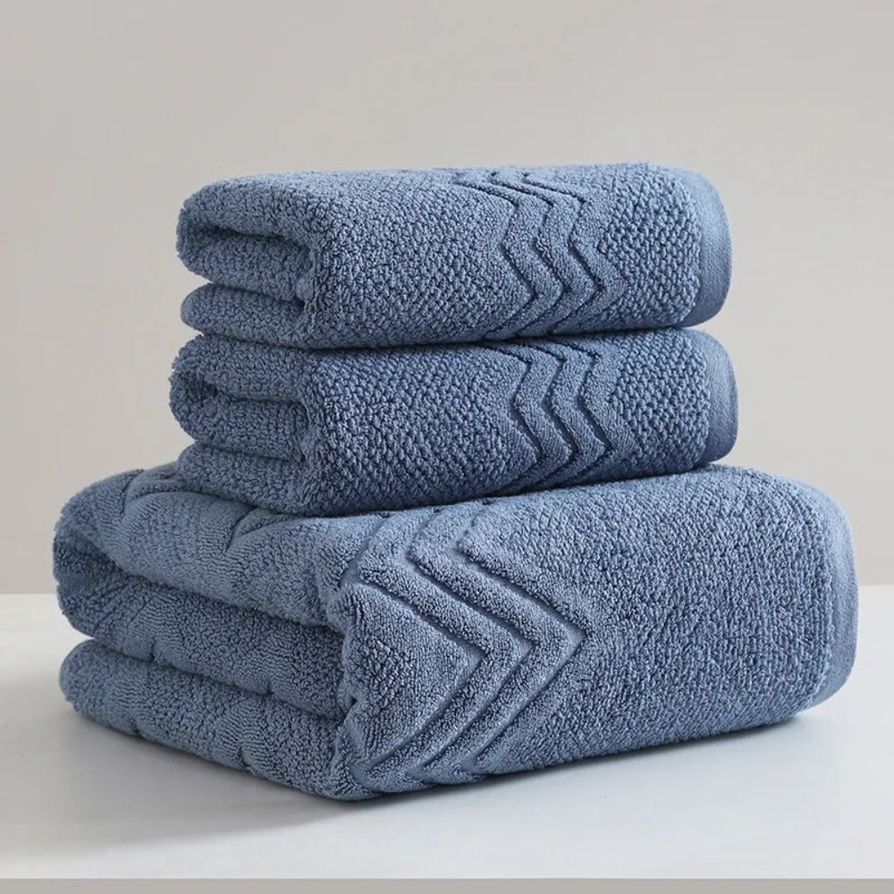Blue cotton bath towel set, soft and absorbent bathroom towels with textured chevron design, luxury hotel quality