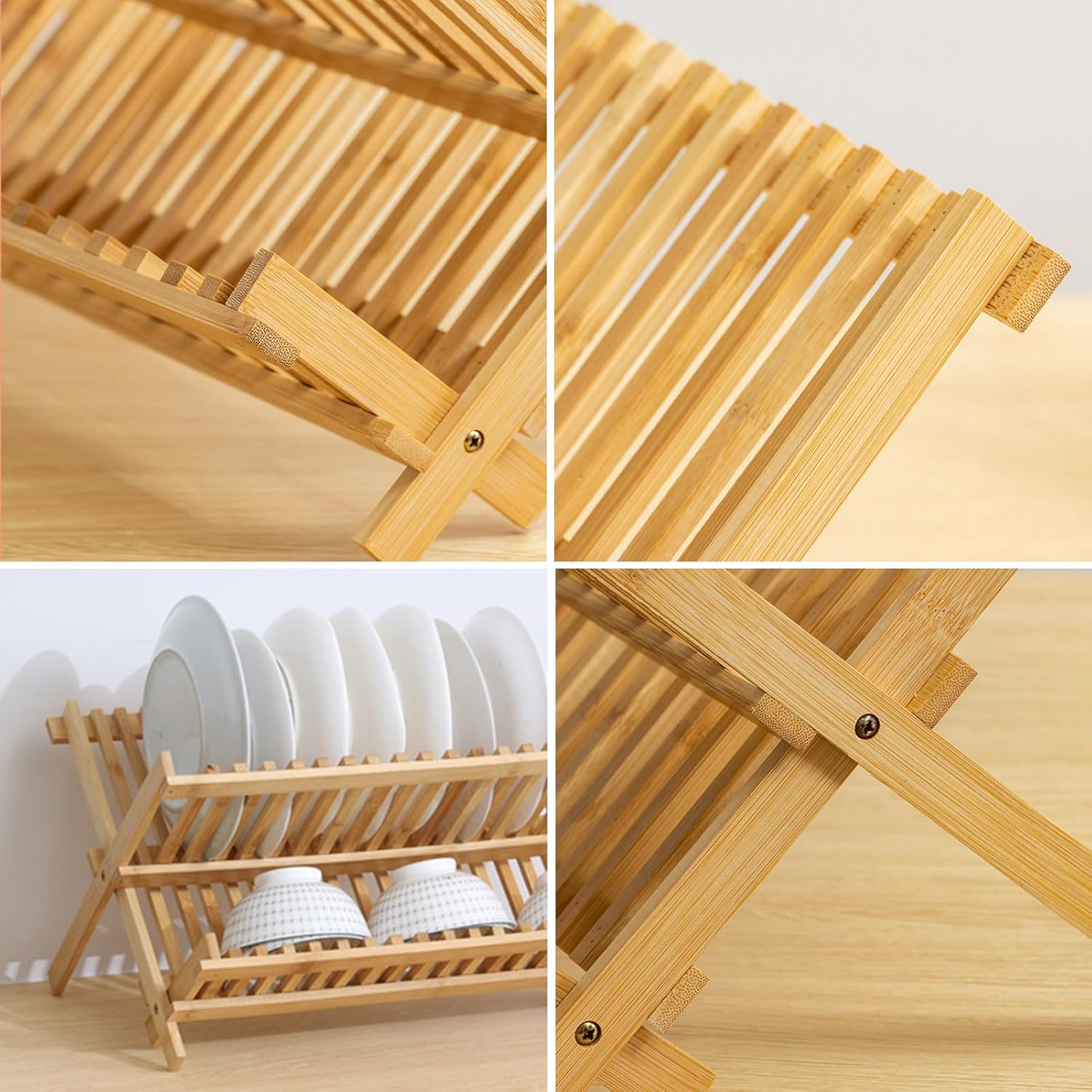 Bamboo dish drying rack – Eco-friendly design – Foldable and space-saving – 2-tier organization – Natural finish