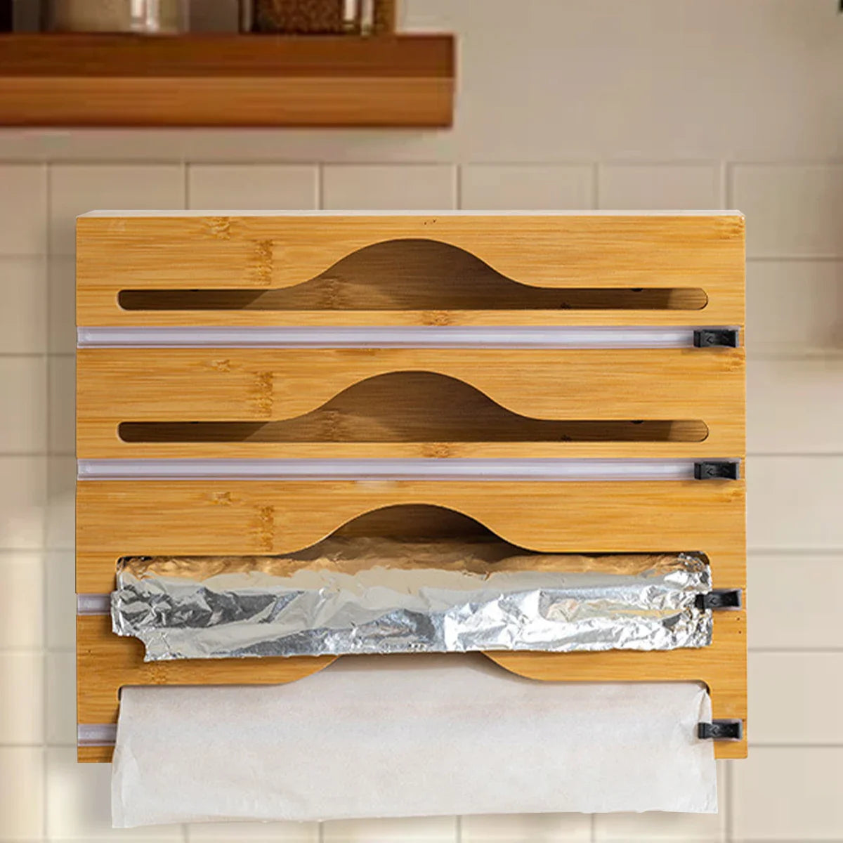 Bamboo kitchen wrap dispenser – Foil and cling film cutter – Eco-friendly storage solution – 12 x 5 x 4 in