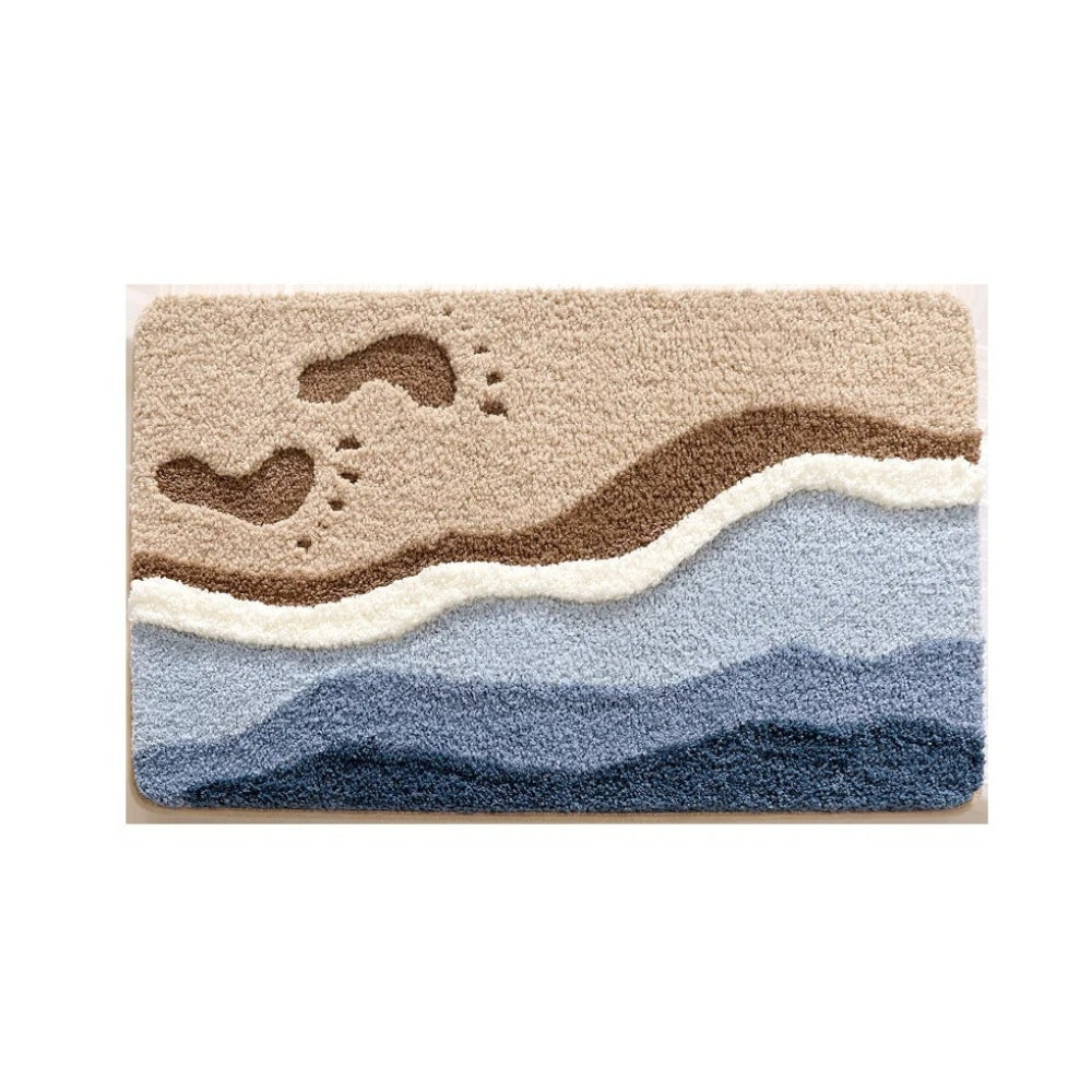 Bath mat – Plush microfiber blend – Seaside footprint design – Non-slip for safety – Coastal bathroom decor