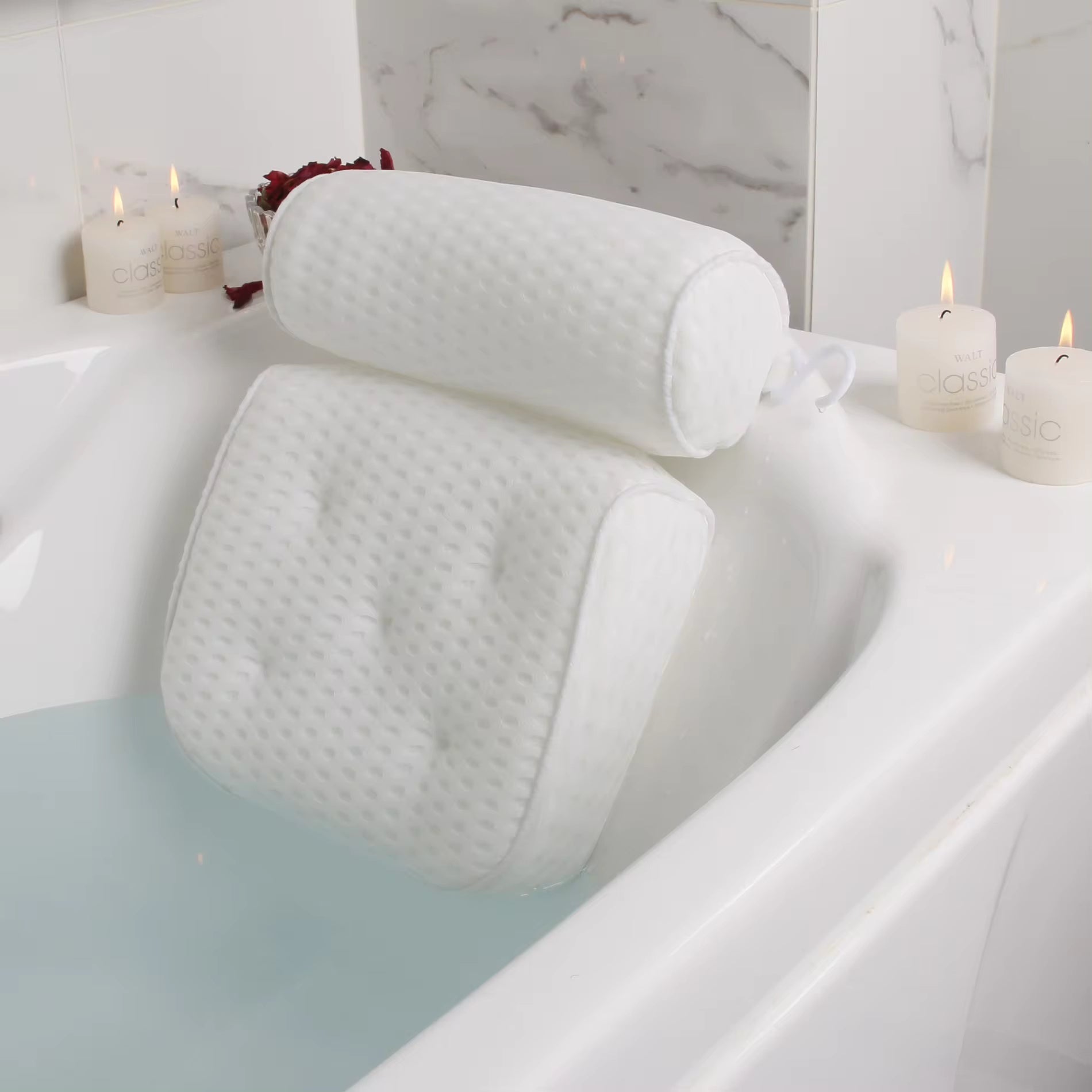 Bath pillow – 3D mesh fabric – White – Suction cups for secure support – Best bath pillow for tub relaxation