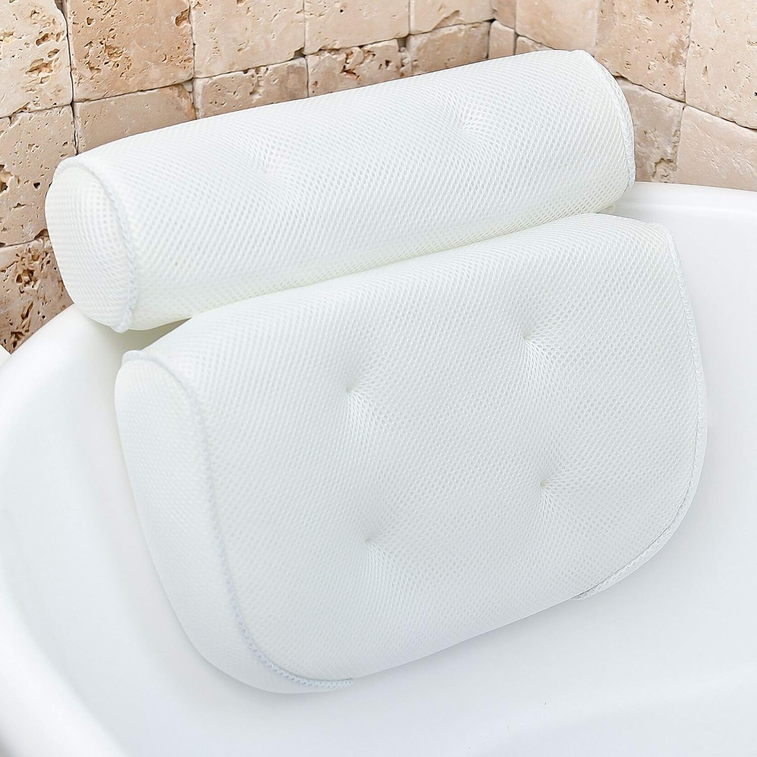 Bath pillow – 3D mesh fabric – White – Suction cups for secure support – Best bath pillow for tub relaxation