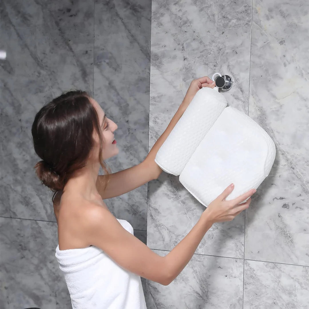 Bath pillow – 3D mesh fabric – White – Suction cups for secure support – Best bath pillow for tub relaxation