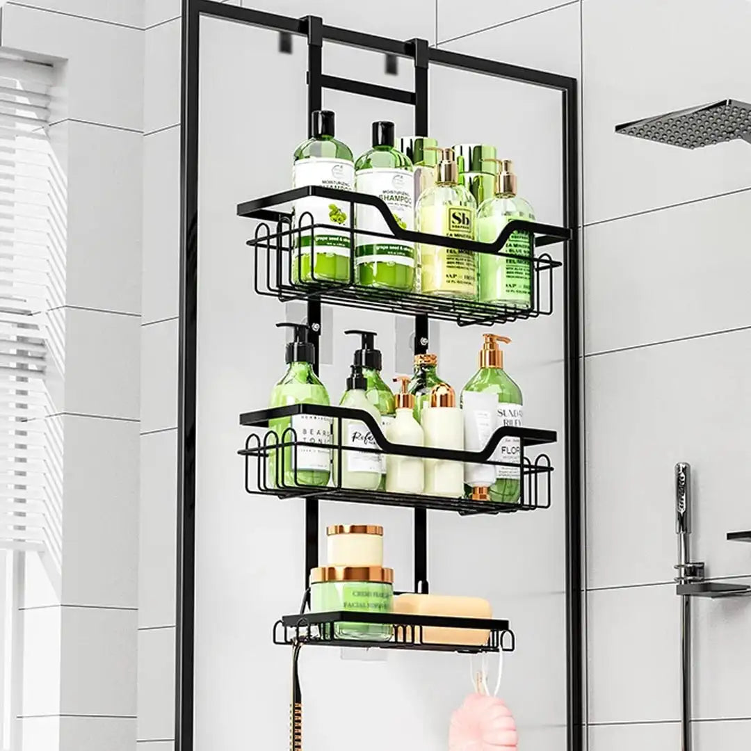 Bathroom organizer – Matte black – Drill-free over door design – Multi-layer shower storage solution