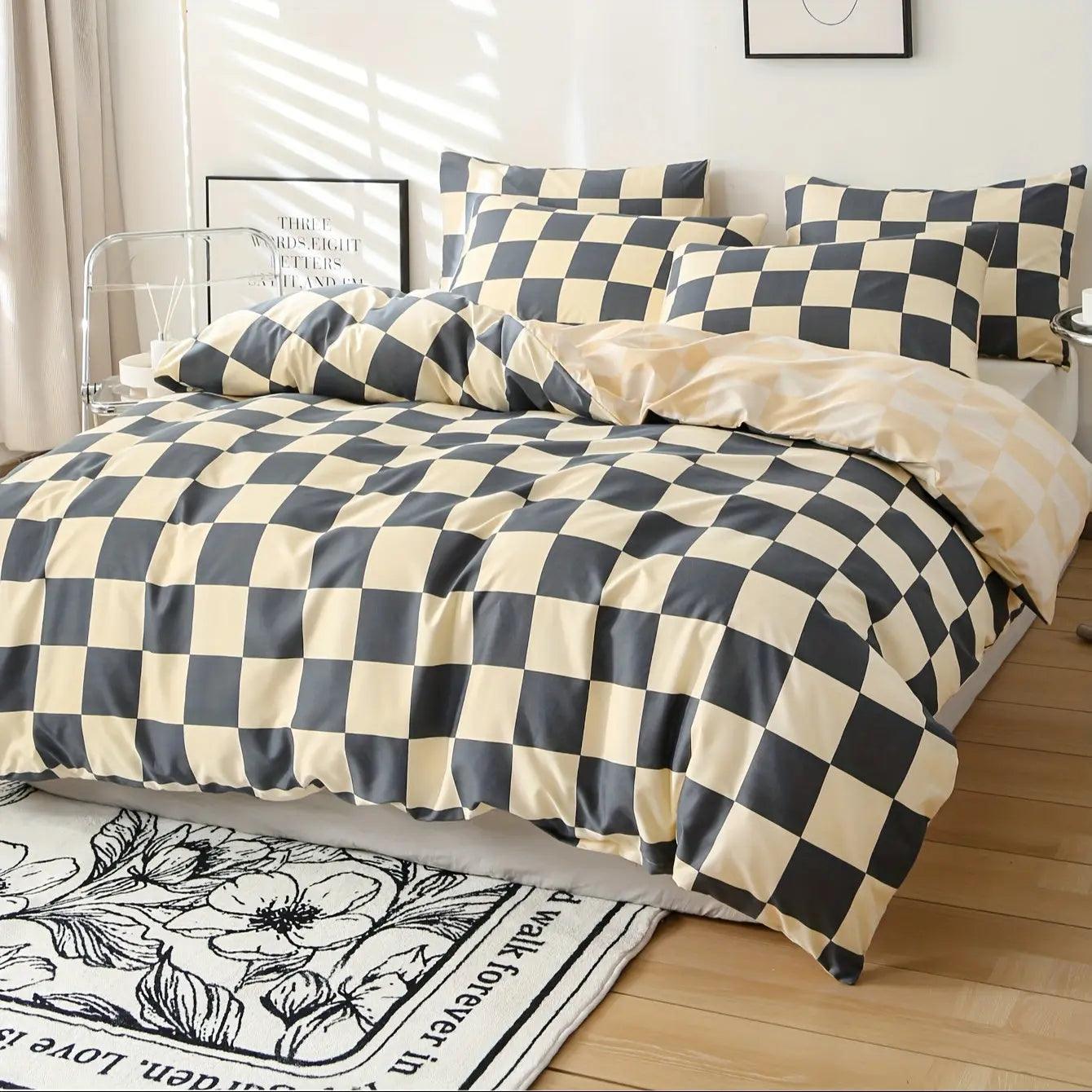 Bedding set – Modern plaid design – Soft fabric – 3-piece duvet cover and pillowcases