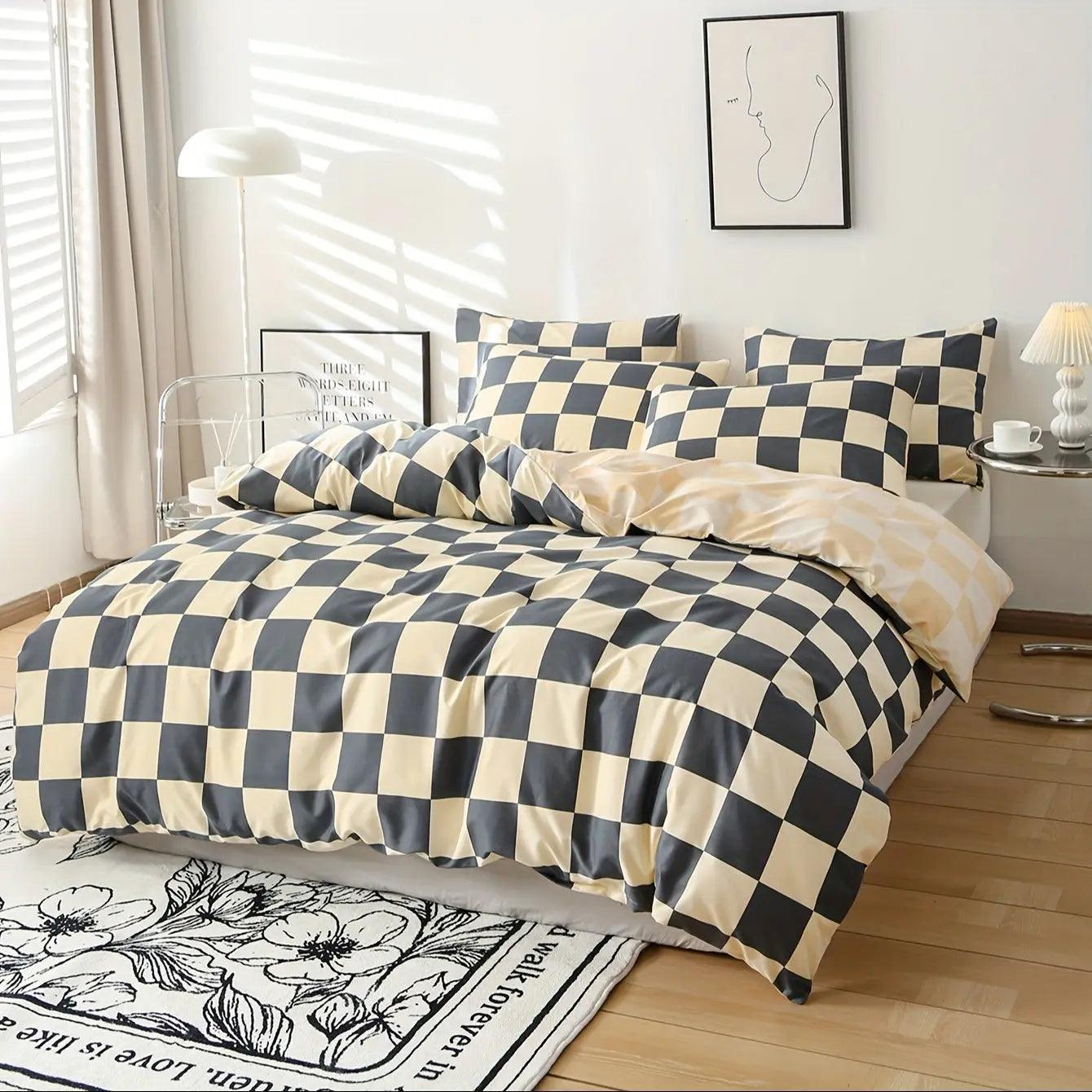 Bedding set – Modern plaid design – Soft fabric – 3-piece duvet cover and pillowcases