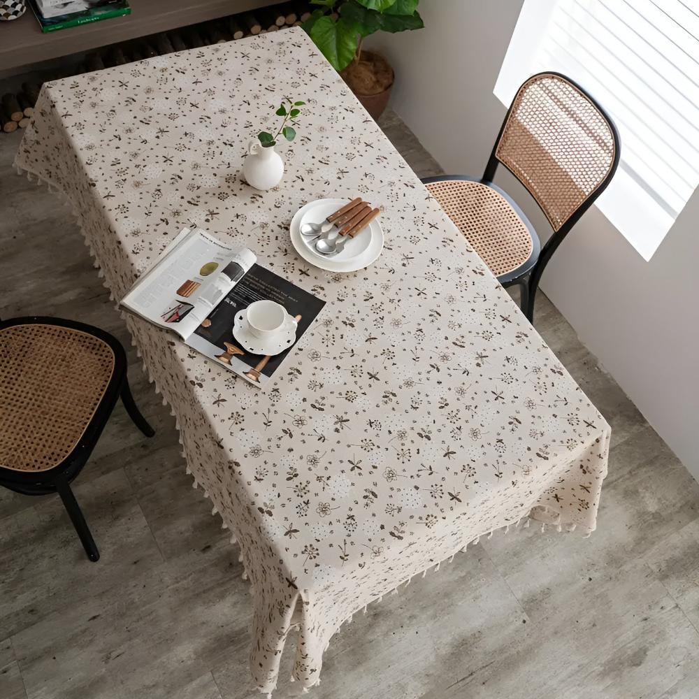 Beige Tassel Tablecloth – Bohemian Farmhouse Design for Rustic Dining Decor
