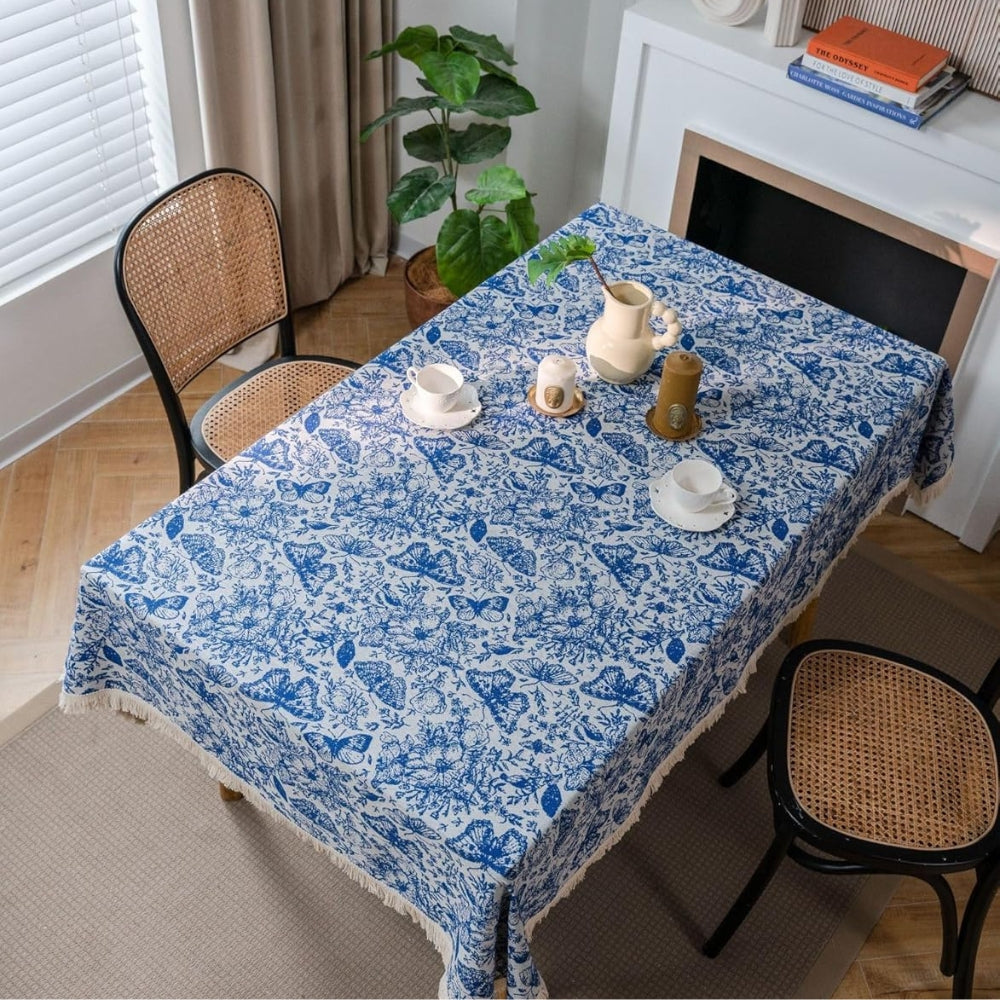 Bohemian Blue Butterfly Tablecloth - Cotton-Poly Blend, Square, Navy Floral Print, Elegant Tassel Trim