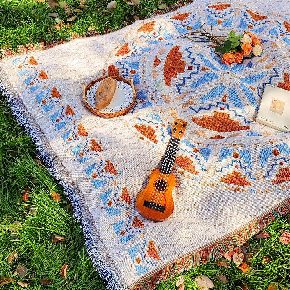 Bohemian Picnic Mat - Soft Cotton Blend Outdoor Picnic Blanket with Tassels, Versatile for Camping and Home Decor