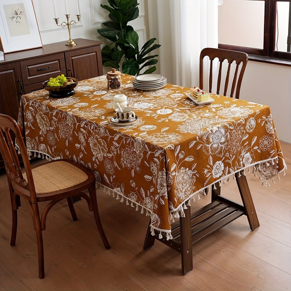 Peacock Blossom Boho Floral Tablecloth with Tassel