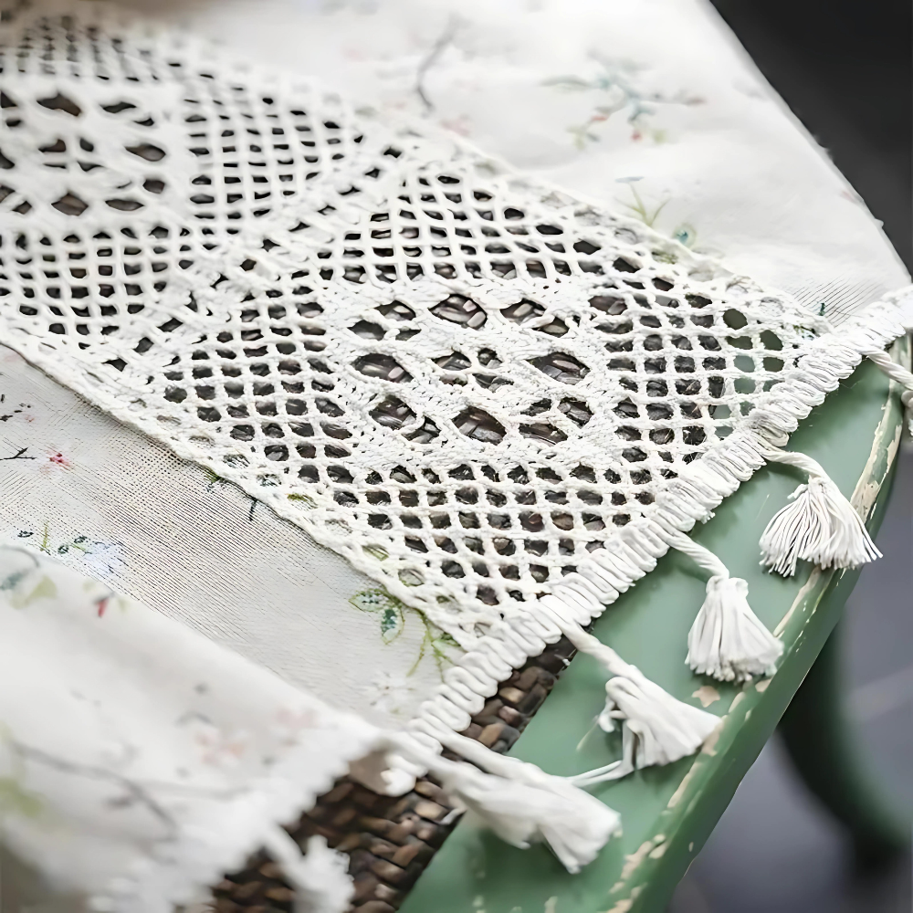 Boho Floral Lace Curtains for Living Room, Semi-Blackout, UV Resistant, Beige Fringe