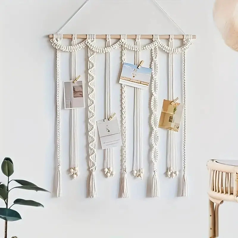 Boho macrame photo display wall hanging with wooden rod, handmade cotton rope picture holder for home decor