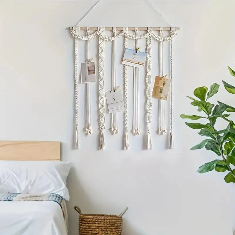 Boho macrame photo display wall hanging with wooden rod, handmade cotton rope picture holder for home decor