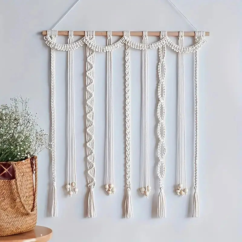 Boho macrame photo display wall hanging with wooden rod, handmade cotton rope picture holder for home decor