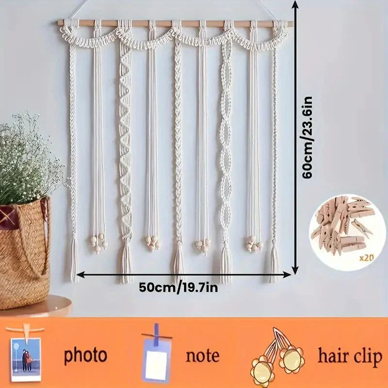 Boho macrame photo display wall hanging with wooden rod, handmade cotton rope picture holder for home decor