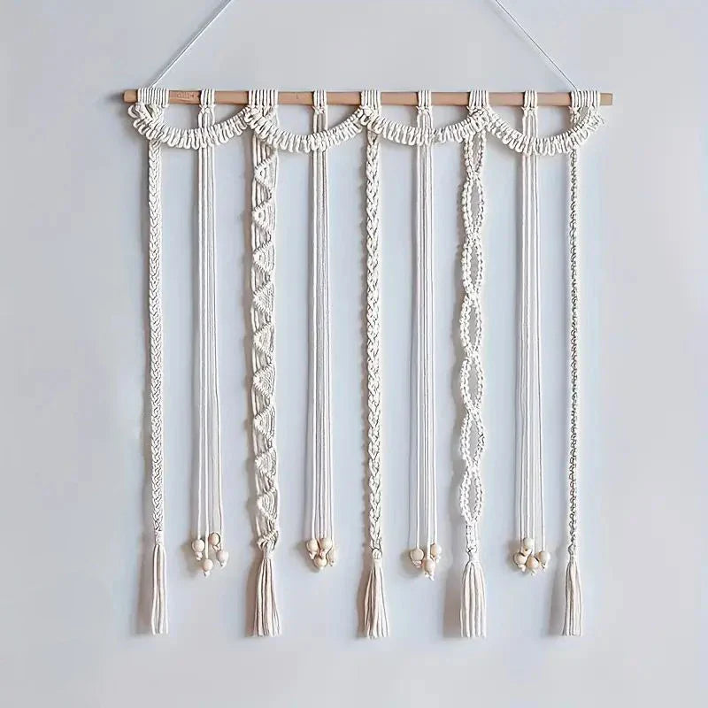 Boho macrame photo display wall hanging with wooden rod, handmade cotton rope picture holder for home decor