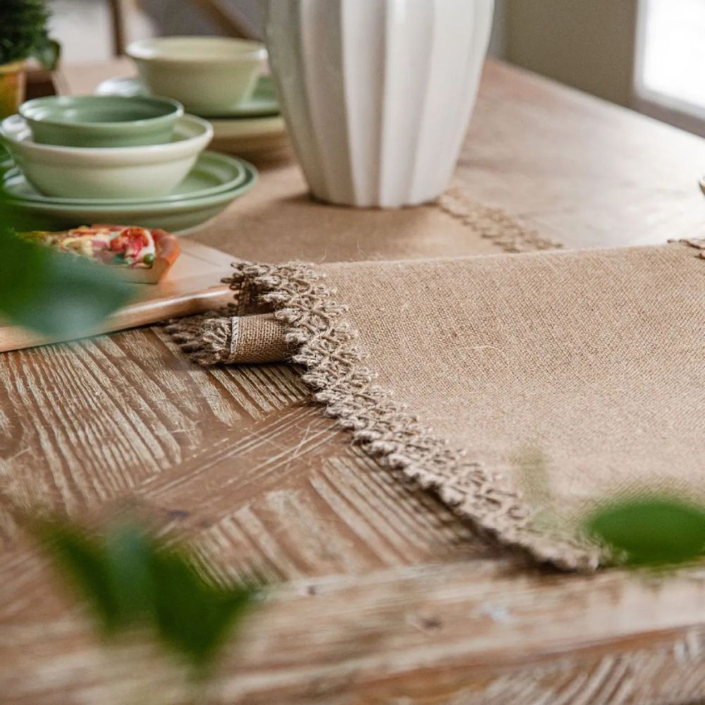 Rustic burlap table runner with crochet lace trim, farmhouse dining table decor for vintage and boho home styling