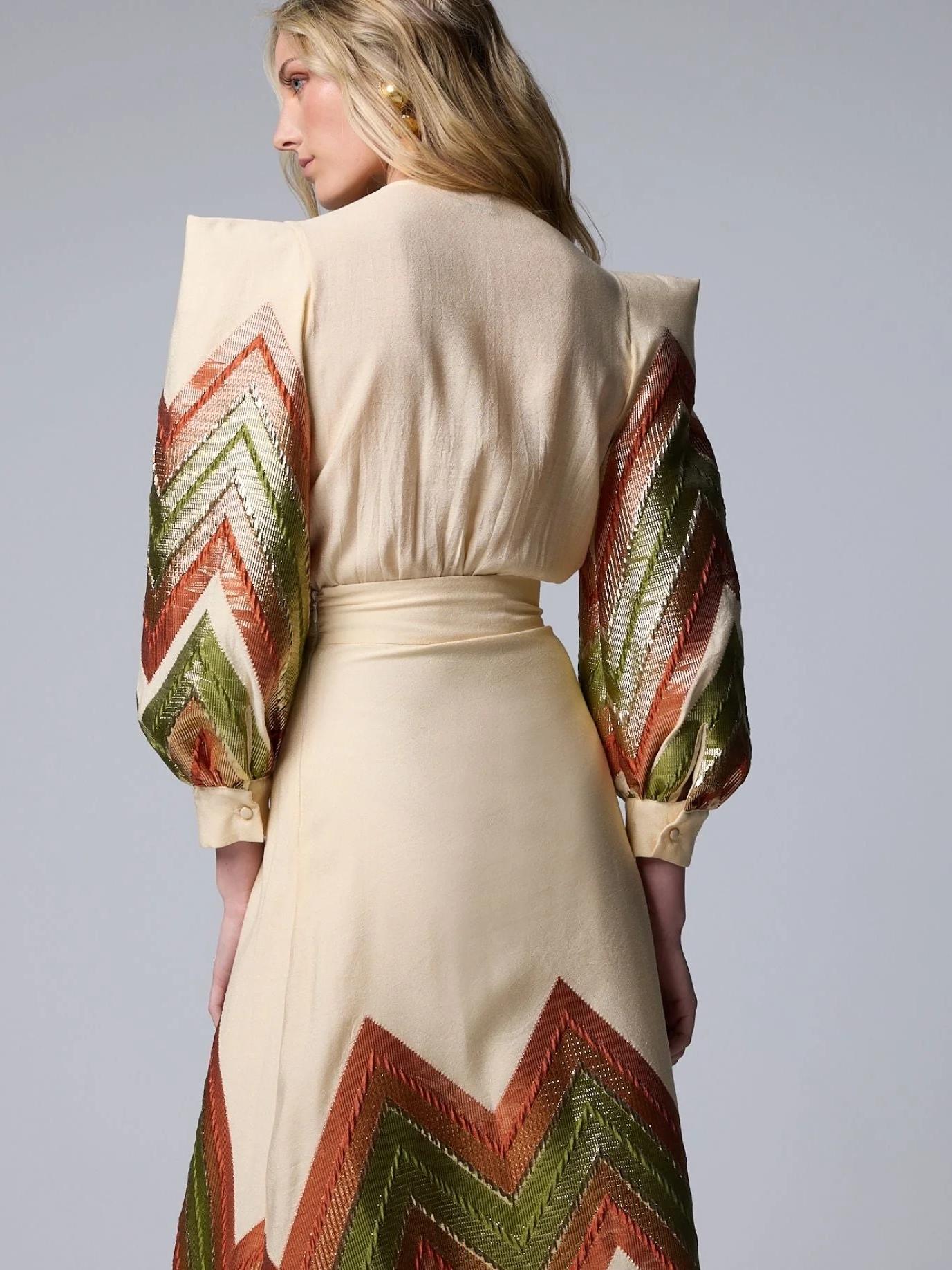 Puff Sleeves Bodysuit & Geometric Patterned Midi Skirt Set