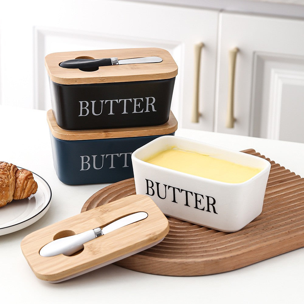 Ceramic butter dish – Bamboo lid – Stylish kitchen accessory