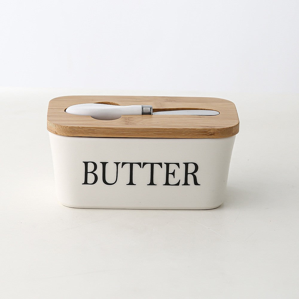 Ceramic butter dish – Bamboo lid – Stylish kitchen accessory
