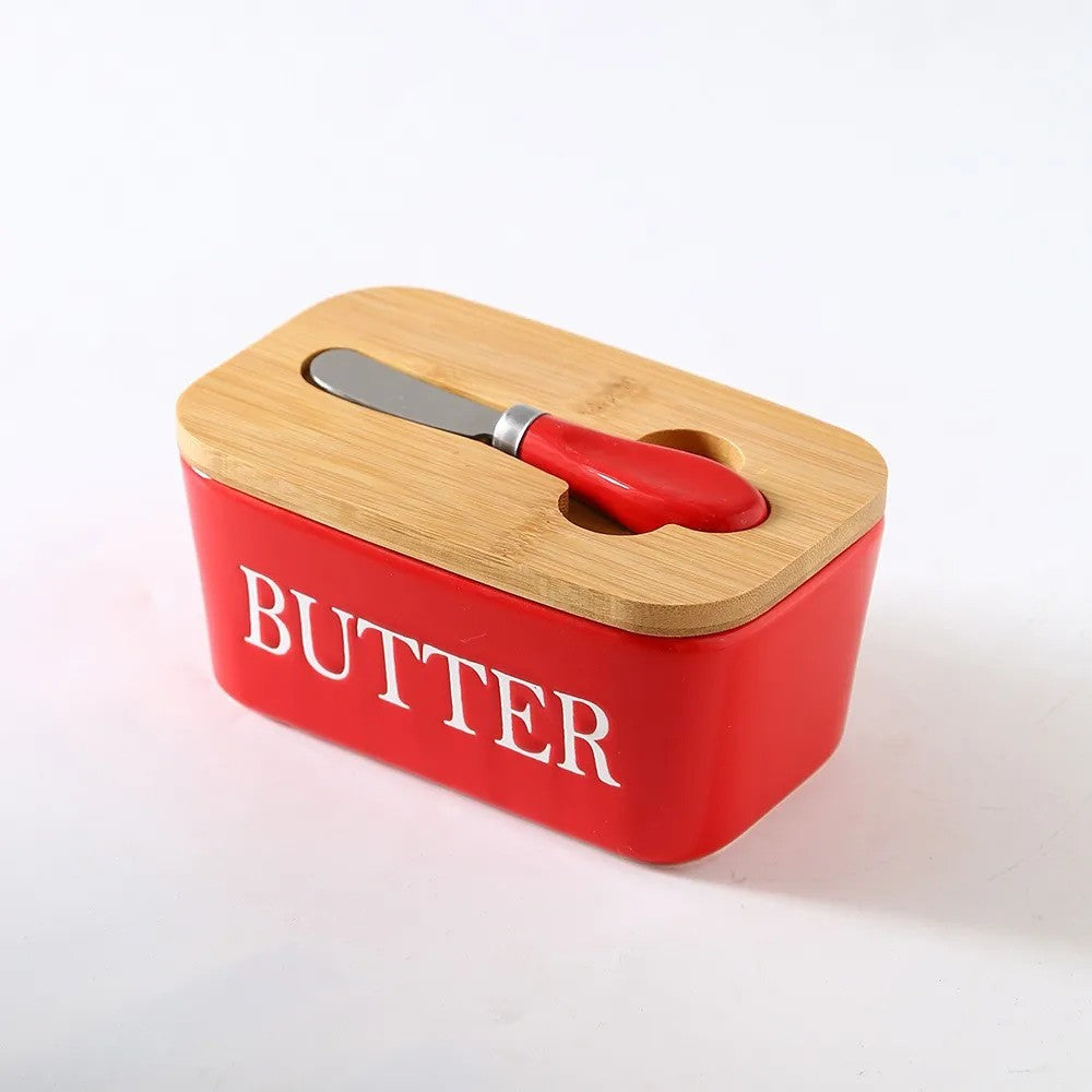 Ceramic butter dish – Bamboo lid – Stylish kitchen accessory