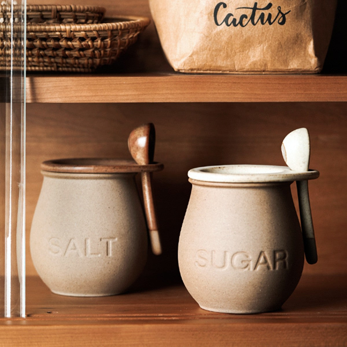 Ceramic canister set – Japanese-inspired design – Sugar and salt jars – Includes lid and spoon – 15.2 oz capacity