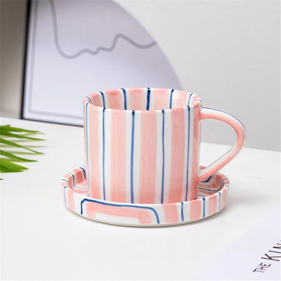 Ceramic coffee cup set – Handpainted porcelain – French retro style – Perfect for home or office