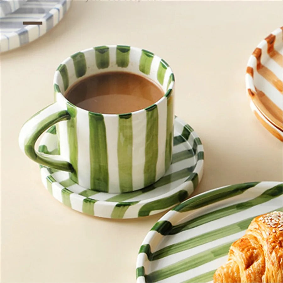 Ceramic coffee cup set – Handpainted porcelain – French retro style – Perfect for home or office