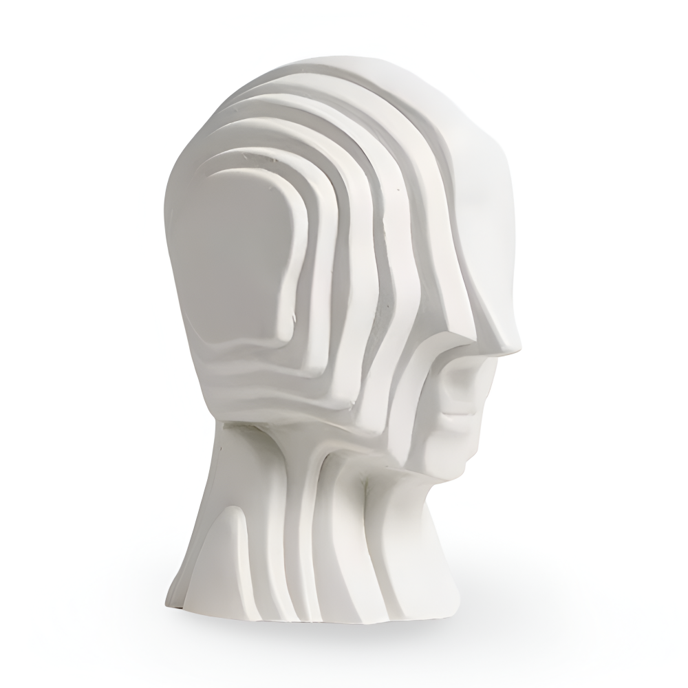 Ceramic head figure – Geometric design – Gold fringe accent – Unique home decor piece – 5.5 x 6.7 in or 7.5 x 9.8 in