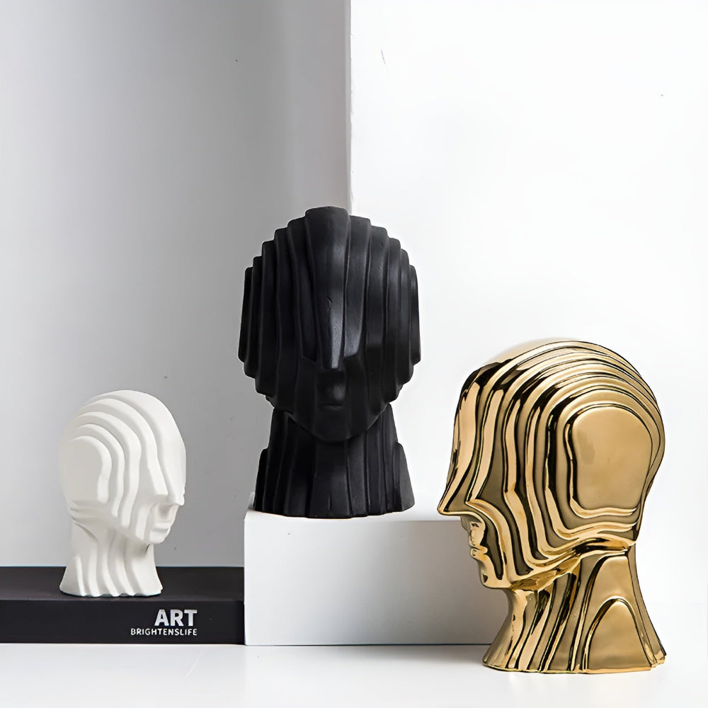 Ceramic head figure – Geometric design – Gold fringe accent – Unique home decor piece – 5.5 x 6.7 in or 7.5 x 9.8 in