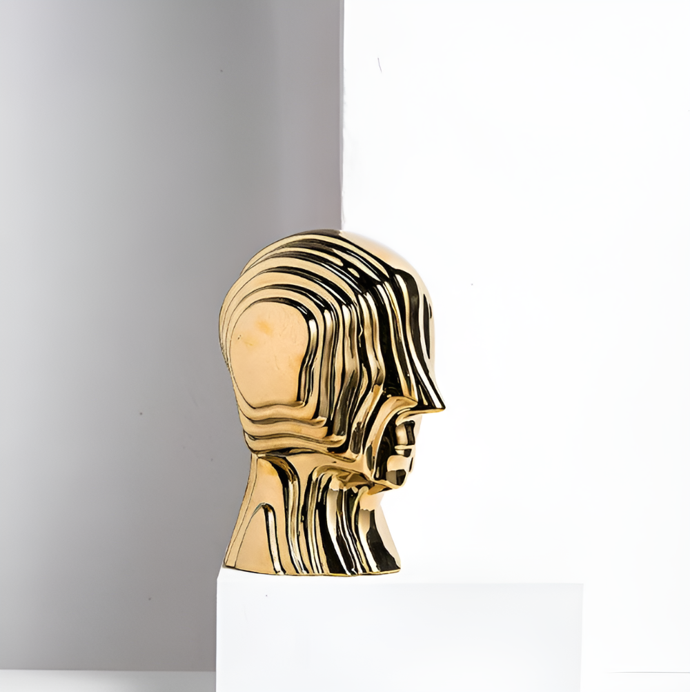 Ceramic head figure – Geometric design – Gold fringe accent – Unique home decor piece – 5.5 x 6.7 in or 7.5 x 9.8 in