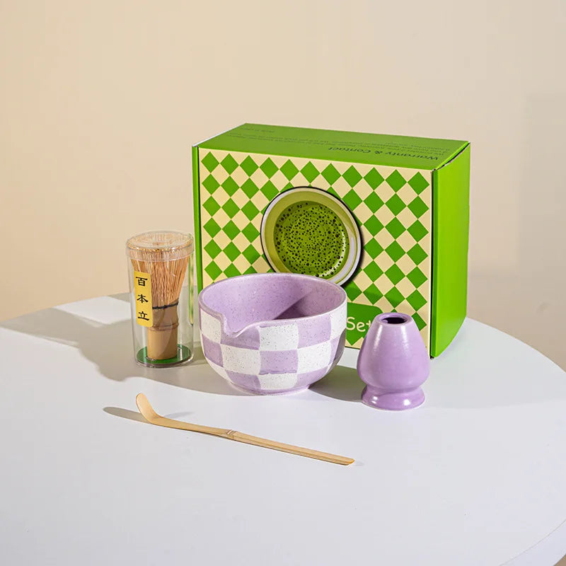 Ceramic matcha tea set – Checkered-style – Includes bowl, whisk, and utensils – Perfect gift for tea lovers